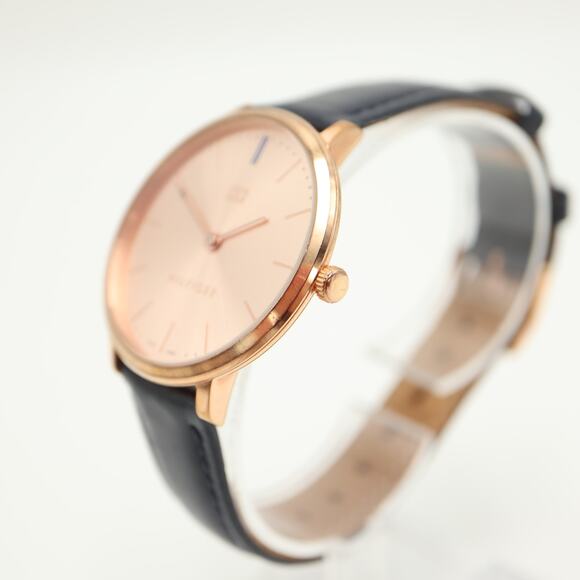 Tommy Hilfiger Womens Rose Gold Tone Slim 35mm Watch Blue Leather w New Battery